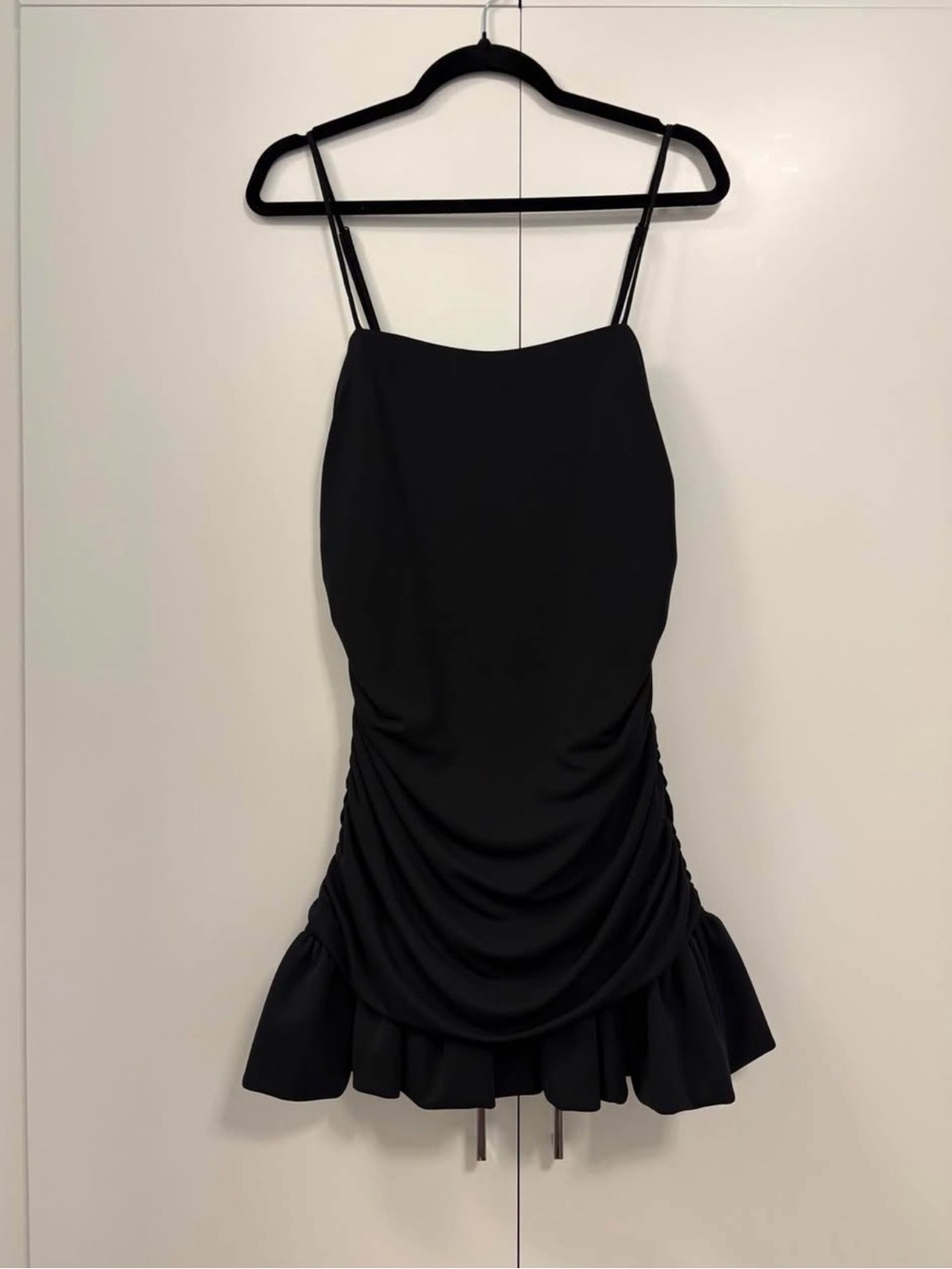 La Hearts Black Ruched Mini with Ruffle Hem
